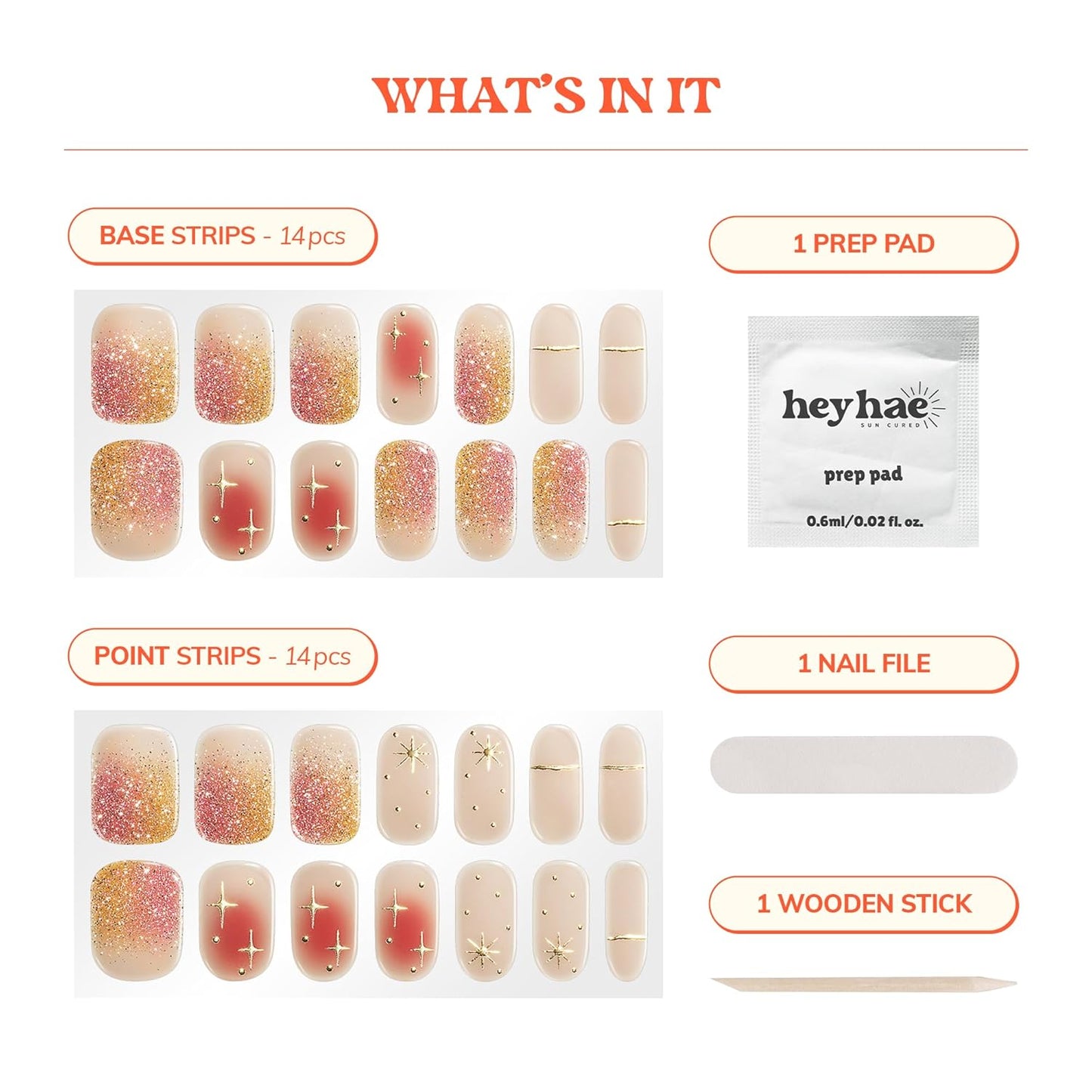 Semi Cured Gel Nail Strips | No LED Lamp Needed | Ombre, Gold, Spring | Easy Apply & Remove, Salon Quality | Includes 28 Strips, 1 Prep Pads, Nail File & Wooden Stick - Hey, It's Golden Hour