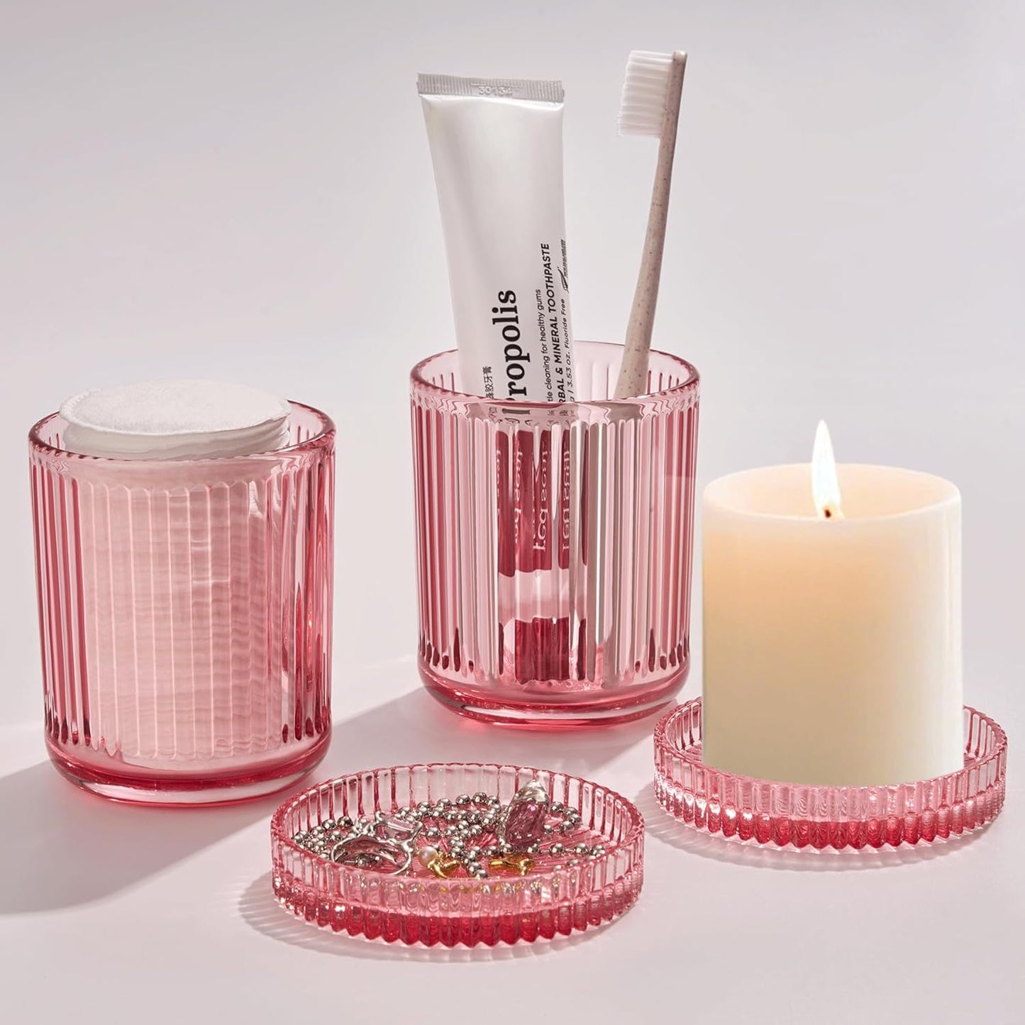 2 Pack Qtip Holders for Bathroom, Clear Glass Apothecary Jars with Lids,Vintage Bathroom Canisters for Cotton Balls,Swabs,Floss Picks,Hair Ties,Vanity Organizer and Storage Decor (Pink)