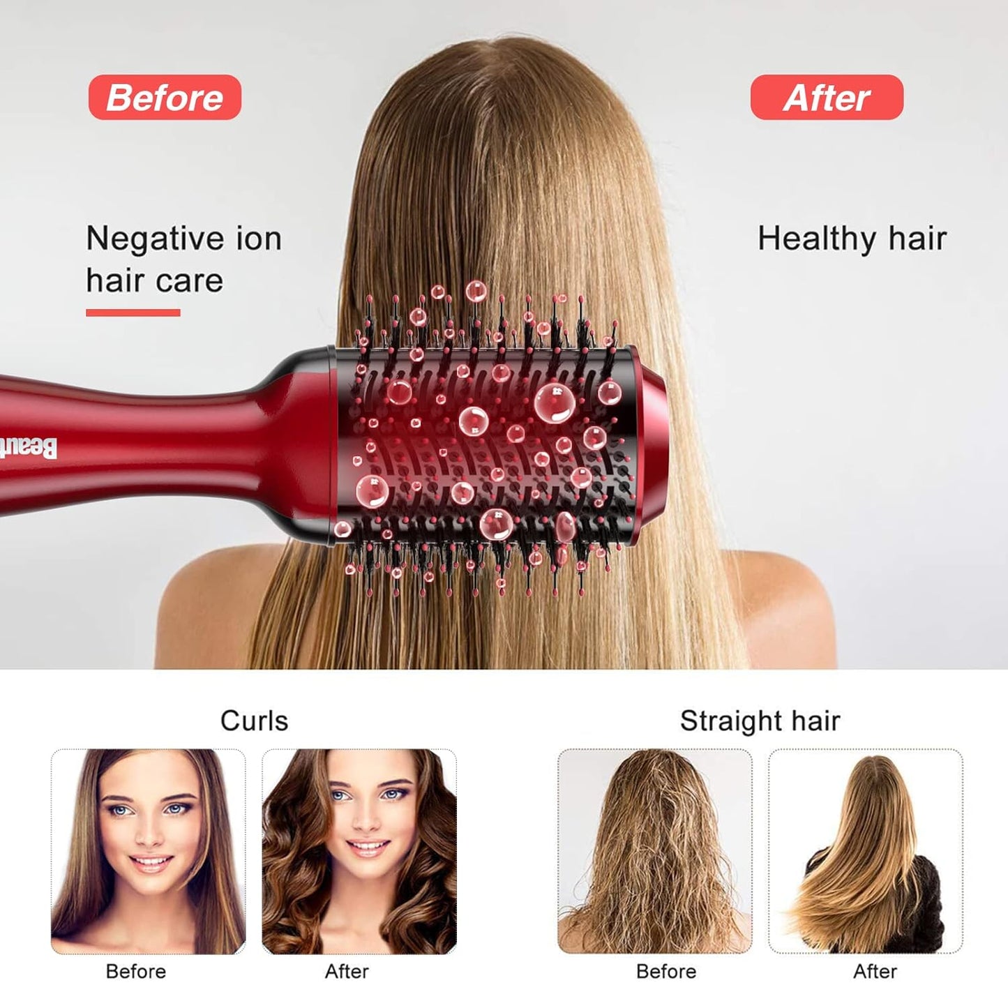 Beautimeter Blow Dryer Brush, Hot Air Brush One Step Hair Dryer and Styler Volumizer, 4 in 1 Negative Ionic Hair Styler with Oval Barrel for Smooth, Frizz-Free Hair Types, Red & Black