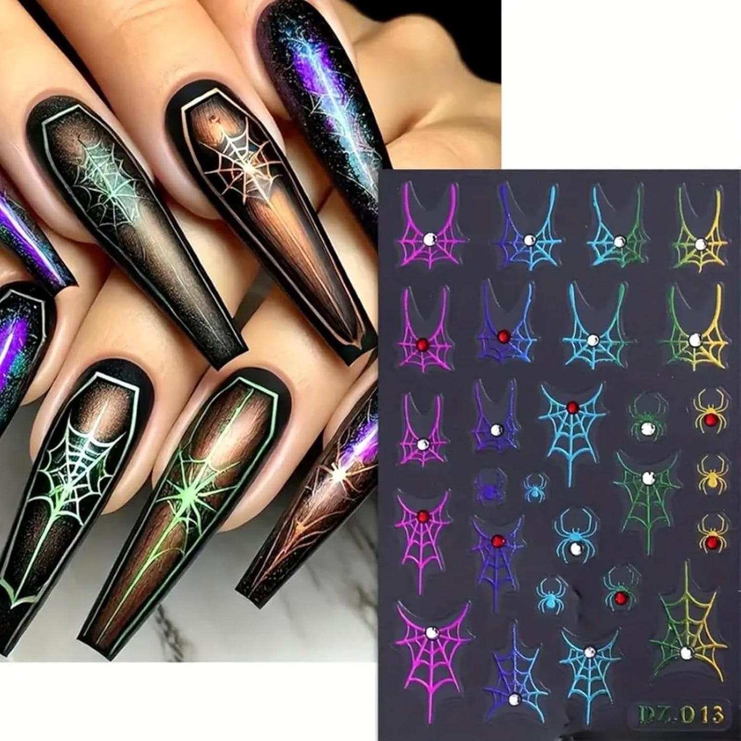 4PCS Halloween Nail Art Stickers Decals Colorful Spider Web Spider Nail Decals with Rhinestone Spider Web Spider Bow Heart Nail Art Design Cute Halloween Nail Supplies for Women Manicure Decorations