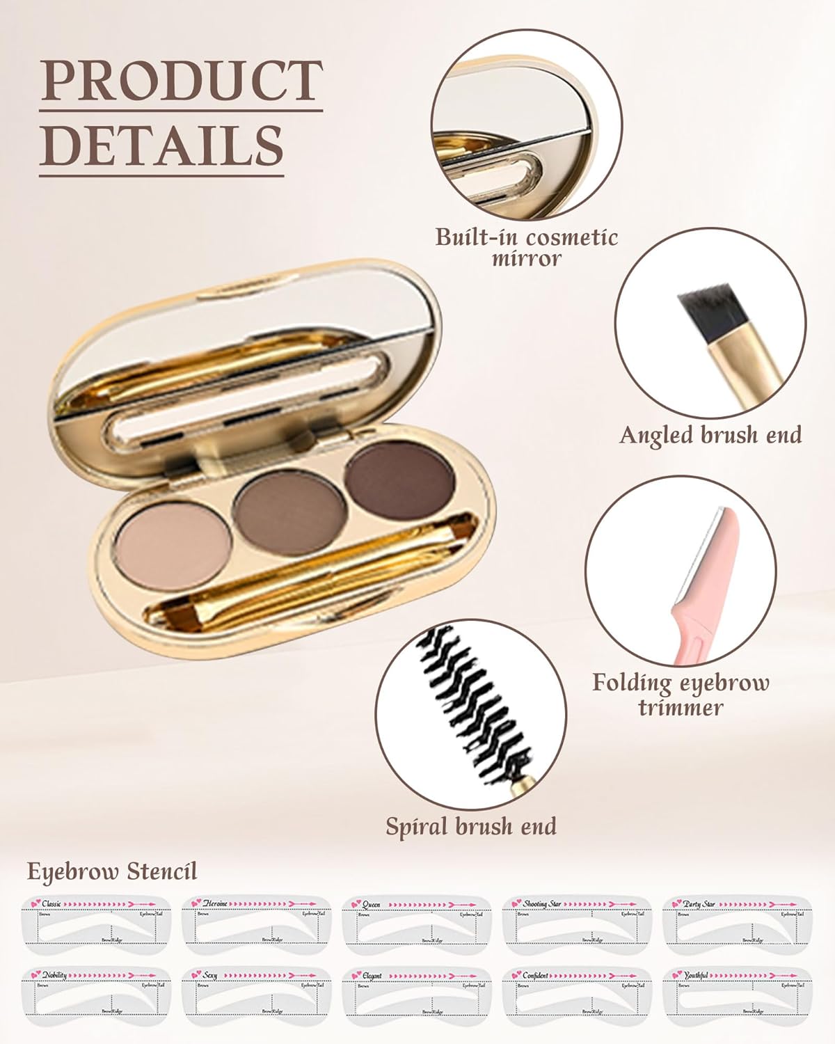 Waterproof Eyebrow Powder Kit - 3 Colors Long-Lasting Brow Powder Palette with Brush Razor & Stencil, Natural Tinting Powder for Women Sparse Brows | #01 Skin, Light Brown, Dark Brown