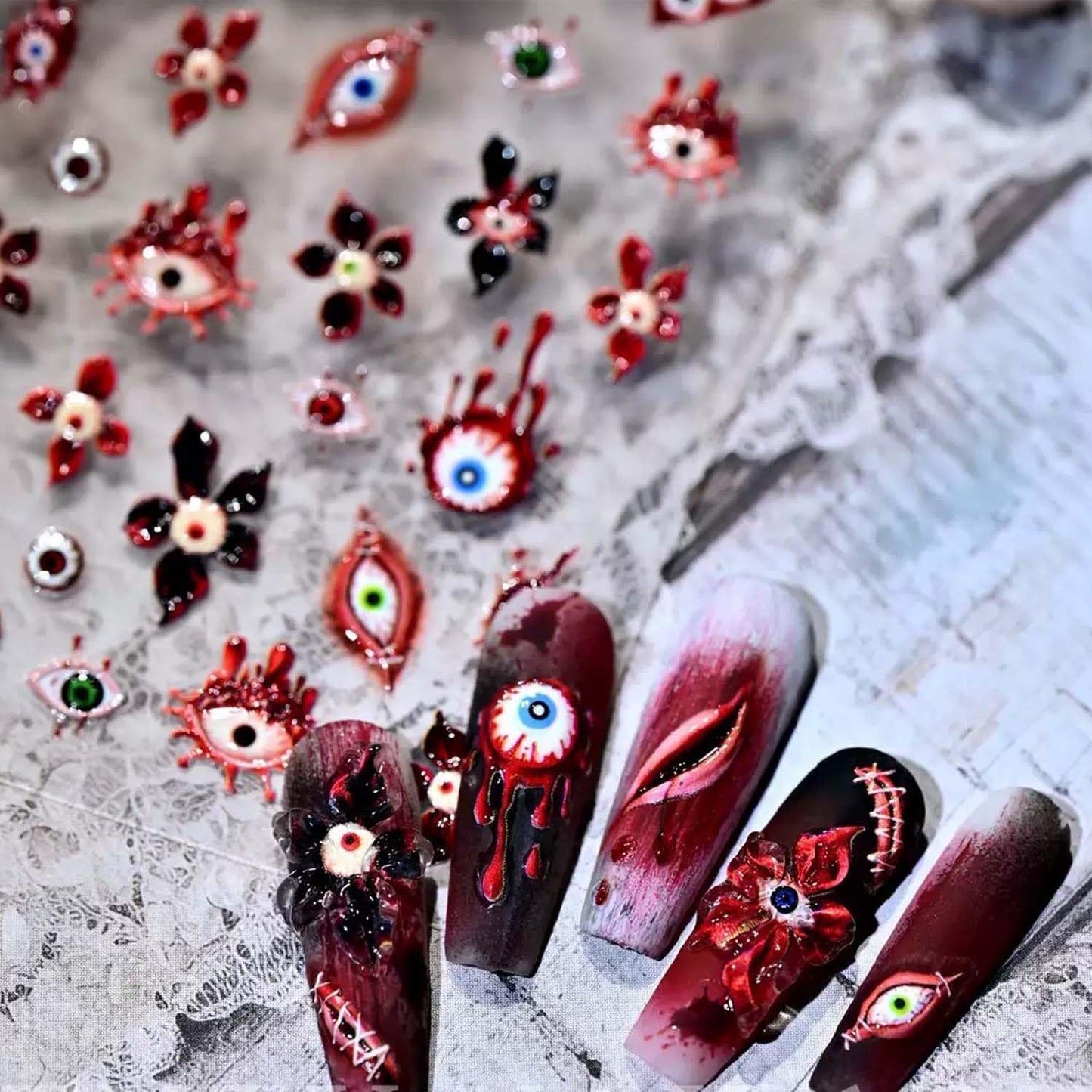 Halloween Nail Sticker 5D Embossed Self-Adhesive Nail Art Stickers Horror Nail Art Decals with Eye Flower Design Nail Decals Supplies for Women Girls Manicure Accessories Decoration