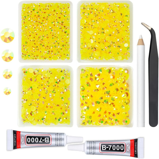 Lemon Yellow AB Resin Rhinestones w B7000 Jewelry Glue for Bedazzling Crafting 3mm 4mm 5mm 6mm Citrine Flatback Jelly Stones Bulk Diamonds Gems for Nails Face Makeup Tumblers DIY Crafts Decor