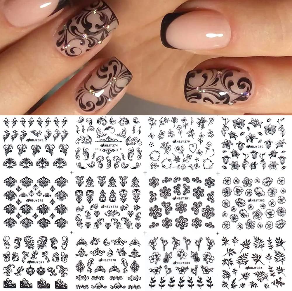 Black Flowers Nail Stickers, Floral Nail Art Decal 3D Self-Adhesive Lace Retro Flower Vine Leaf Decals for Women Nail Designs Decoration (373-384)