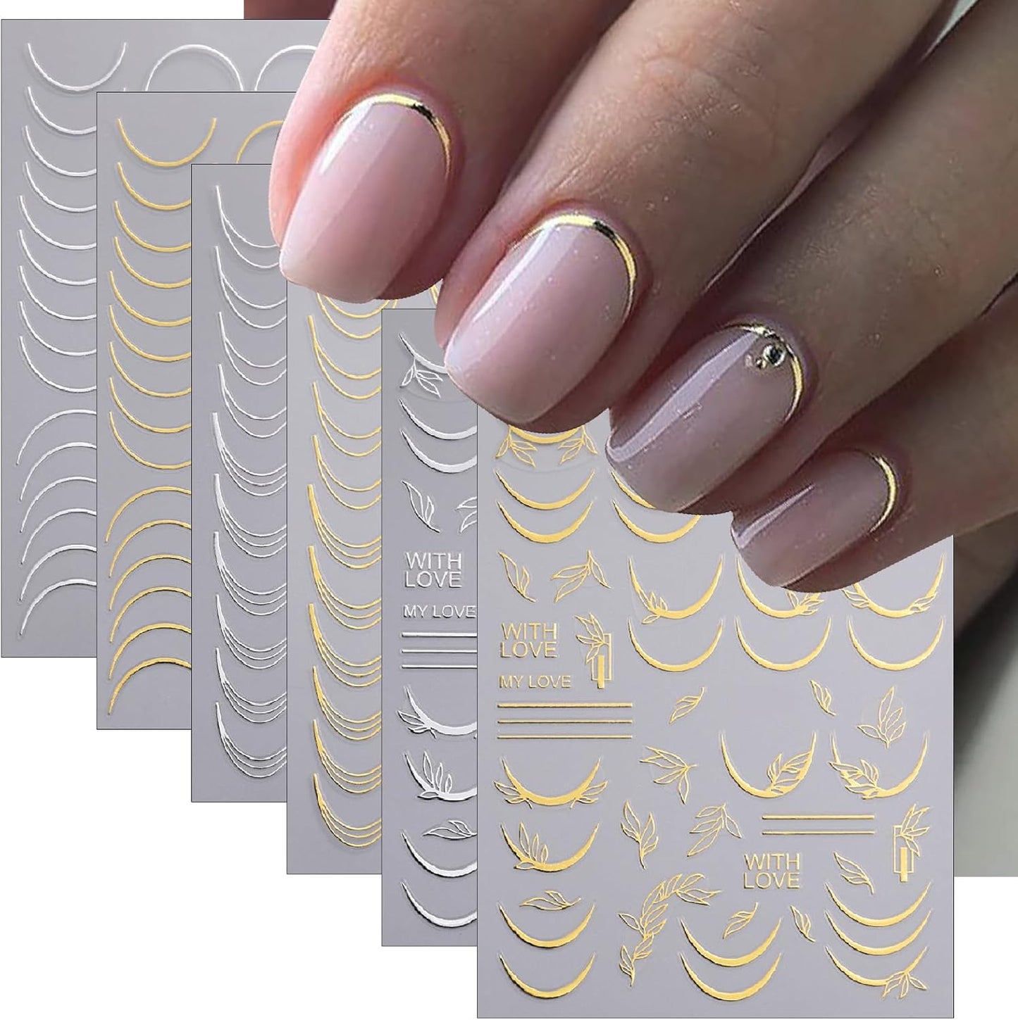 6 Sheets Lines French Tip Nail Art Stickers Gold Silver French Line Nail Decals 3D self-Adhesion Curve Lines Design French Nail Art Supplies for Women DIY Manicure Decoration