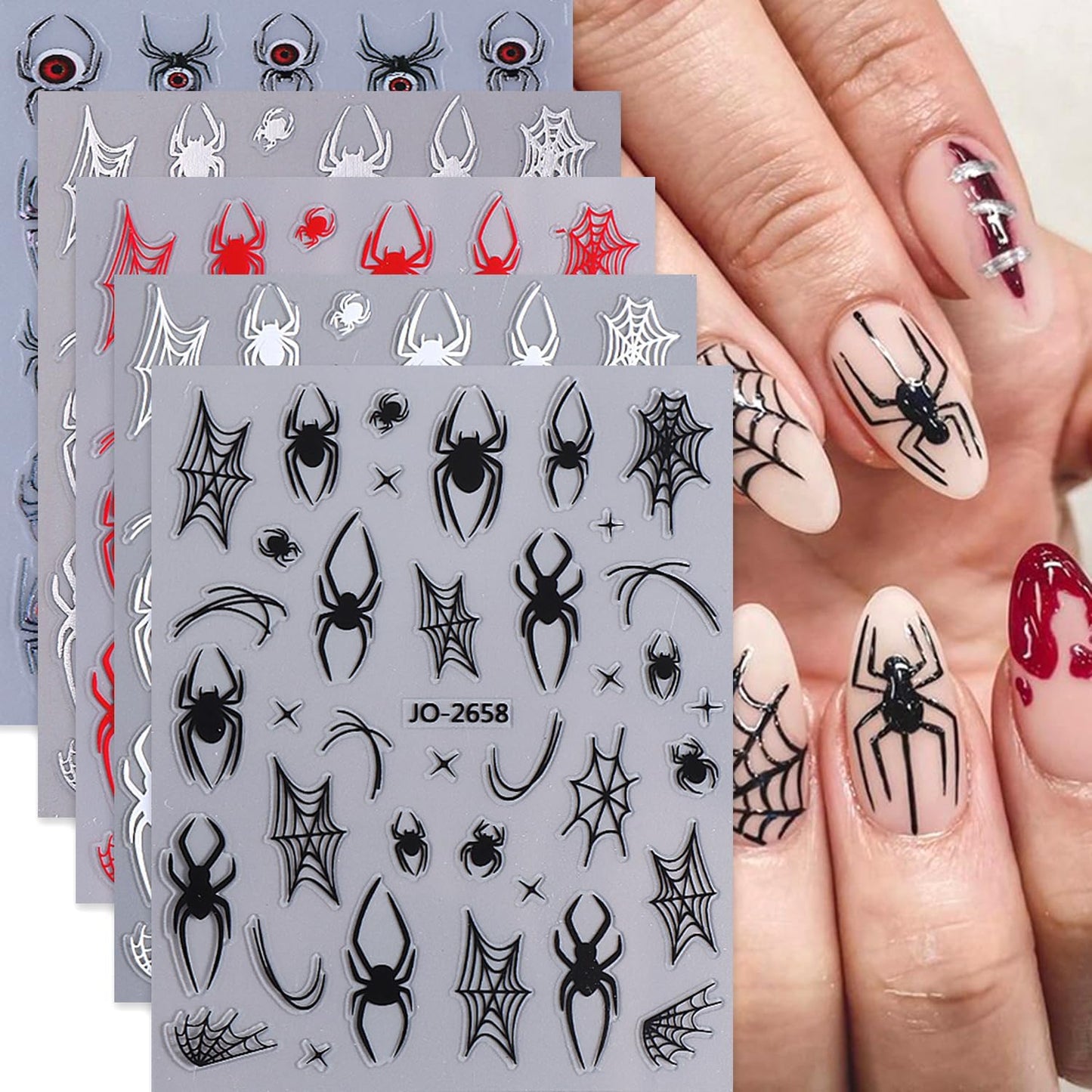 Halloween Nail Art Stickers Decals 5D Embossed Spider Nail Stickers Spider Web Nails Decal Self-Adhesive Design Nail Art Decal for Women Halloween Decor (5 Sheets)