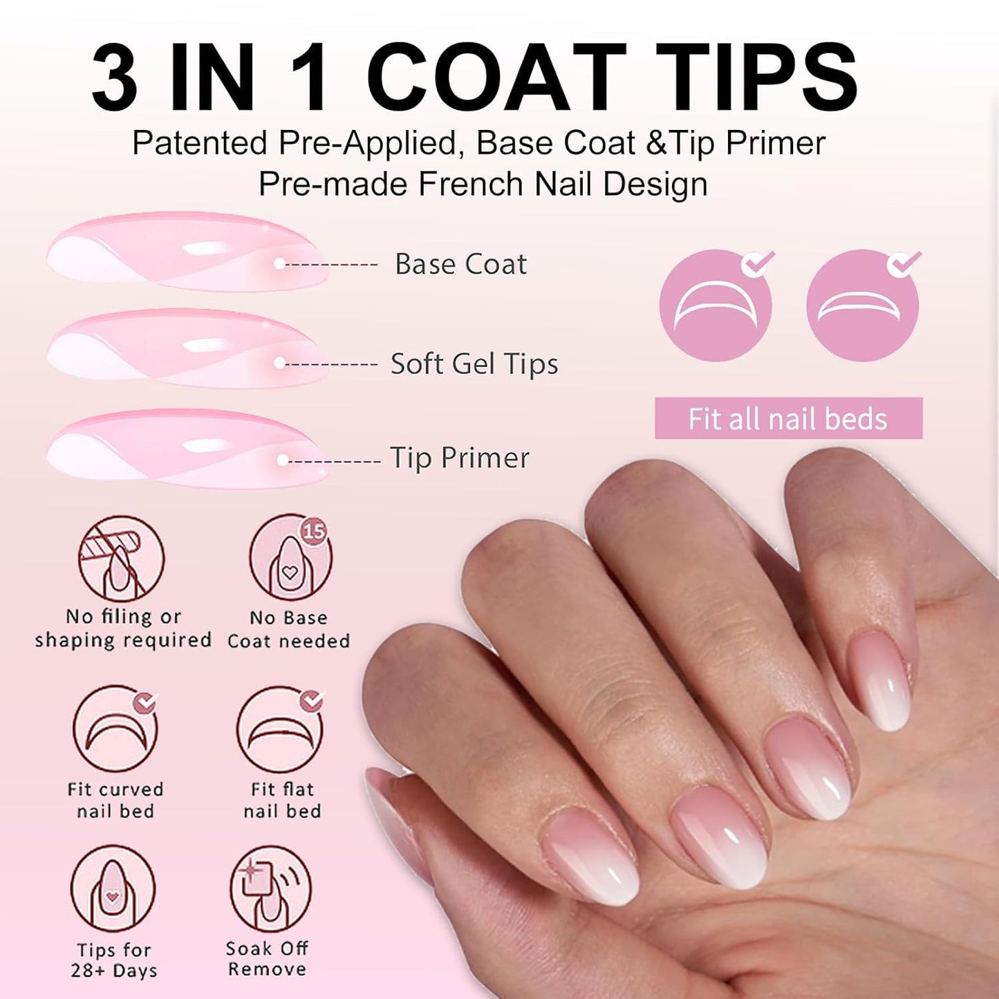 Ombre Press On Nails - 240Pcs Short Round Press on Nails, White Nail Tips Pink White Gradient Soft Gel False Nail Tips Salon Perfect Fake Nails Kit Extensions DIY (Short Oval)