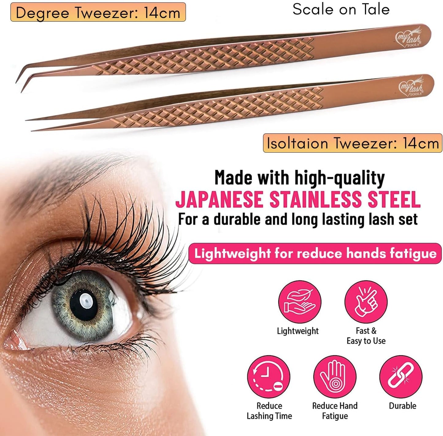 2pcs Curved & Straight Isolation Tweezers for Eyelash Extensions – 14cm Stainless Steel, Copper color Tweezer Set, Best for Classic & Individual Lashes, Professional Pinzas para Pestaña