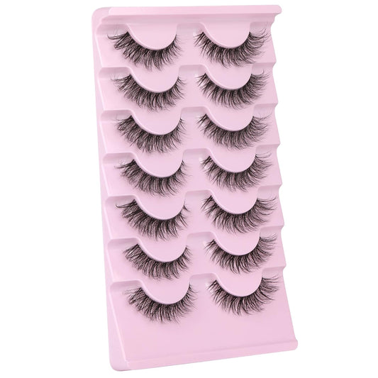 JIMIRE False Eyelashes with Clear Band 3D Fluffy Lashes Demi-wispies Natural Look Cat Eye Faux Mink Fluttery Eyelashes 15MM D Curl Eye Lashes Pack 7 Pairs