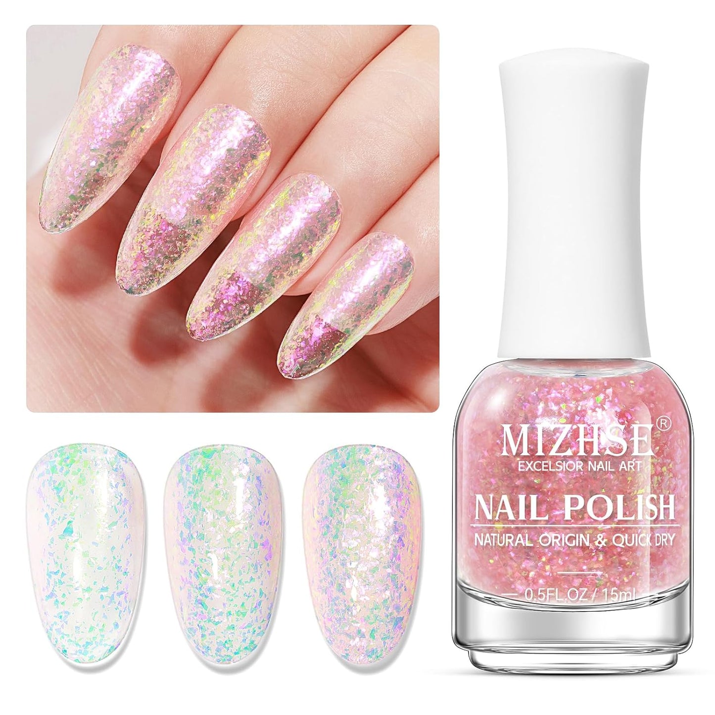 MIZHSE Nail Polish: 15Ml Mermaid Pearl Nail Polish Pink Aurora Sequins Effect Nail Polish, Fingernail and Toenail Polish Glossy Long Lasting Nail Polish Trendy DIY at Home Nail Gift Spree