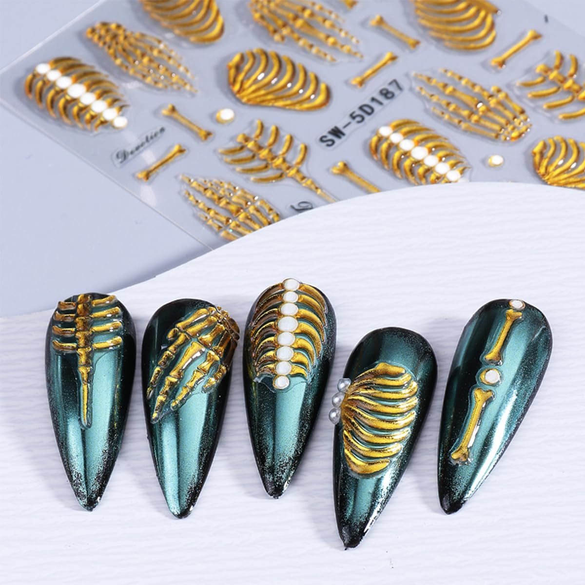 5D Embossed Halloween Nail Stickers for Nail Art Kit 3 Sheets Halloween Skull & Skeleton Nail Art Stickers Decals Gothic Nails Design Rose Gold Hand Bone Nail Supplies for Women Holiday Nails Decor