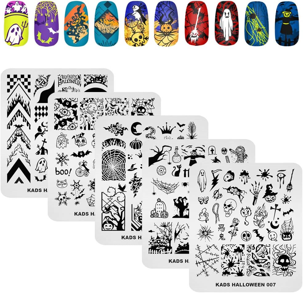 KADS 5pcs Nail Stamp Plates Set Halloween Nails Art Stamping Plate Thrill Pattern Bat Spider Skeleton Pumpkin Lantern Witch