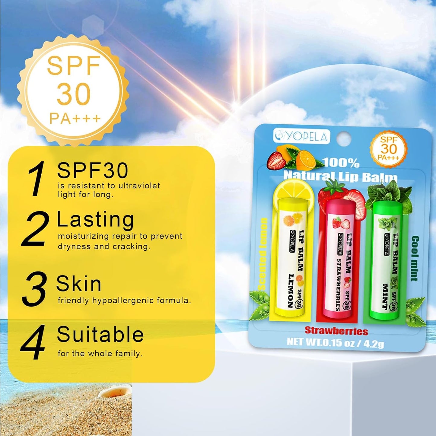YOPELA 3 Pack SPF Lip Balm Bulk - SPF 30 SunGuard Lip Balm Sunscreen- Summer Protection for Lasting Hydration UV Defense Prevents and Soothes Dry, Chapped Lips Valentine's Gift-3 Delicious Flavors