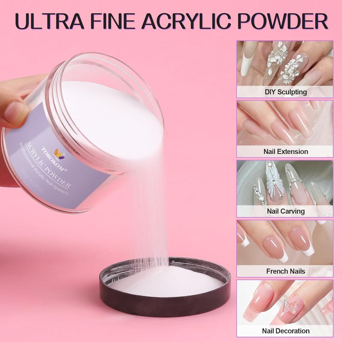 TOROKOM White Acrylic Powder, 120g/4.23oz Acrylic Nail Powder Large Capacity Acrylic Dip Powder for Nails Self-Leveling Acrylic Extension Powders, 3D Nail Carving, Long-Lasting, No Nails Lamp Required
