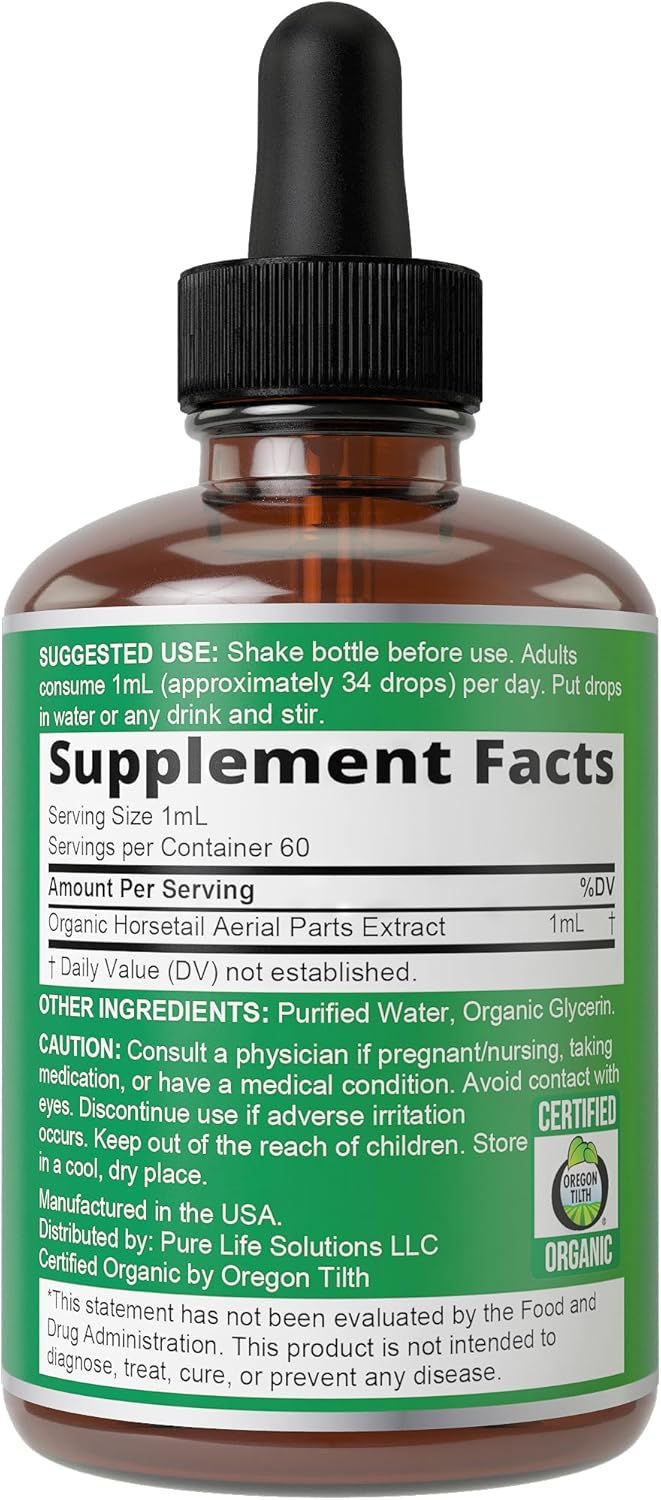 USDA Organic Horsetail Herb Liquid Drops for Hair Growth, Thickening. Vegan, Pleasant Tasting Supplement with Horsetail. Zero Sugar, Alcohol Free Hair Vitamins for Women and Men