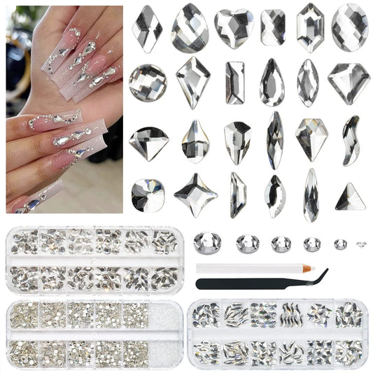 3 Boxes Silver Clear Nail Rhinestones 240 Multi-Shapes Crystal White Big Gems Stones Flatback Round Beads Glass Crystals Nail Art Charms for Arylic Nails Face Eyes Makeup Tumblers Bottles Shoes