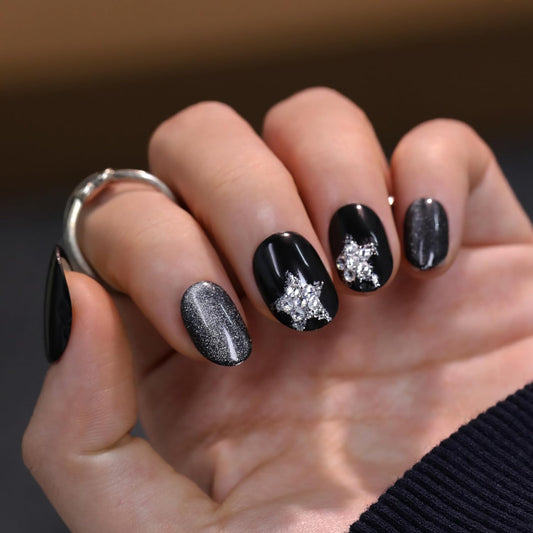 Press on Nails Short Oval, Black Fake Nails Kit with 3D Sparkling Pentagram & Mixed Cat Eye Design, Natural Stick on Nails, Glossy Acrylic Short Press on Nails Thick Reusable Glue on Nail for Women