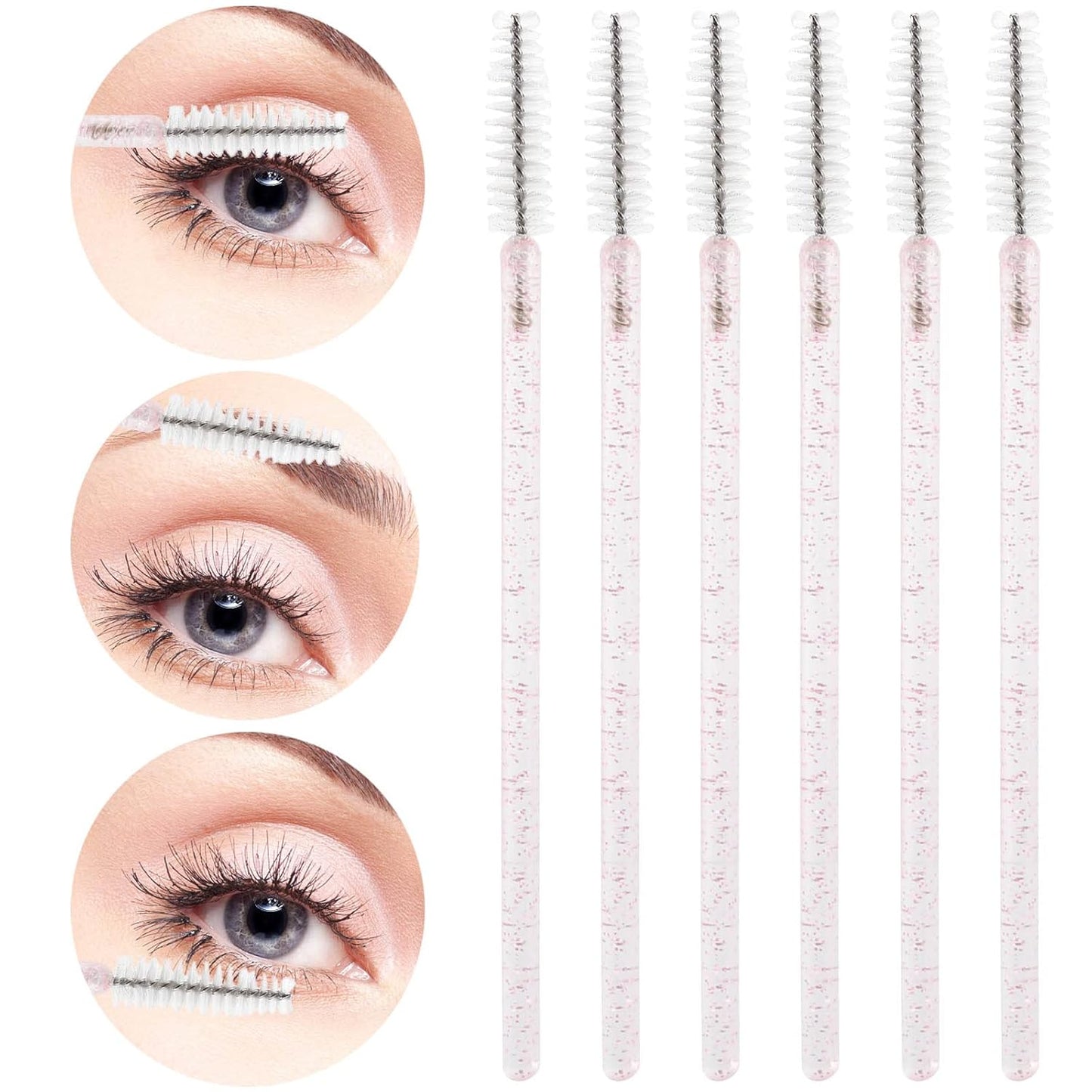 Tbestmax 300 Pcs Disposable Spoolies, Mascara Wand Eyelashes Brushes Applicator for Eyebrow Eye Lash Extension Pink Stick White Head