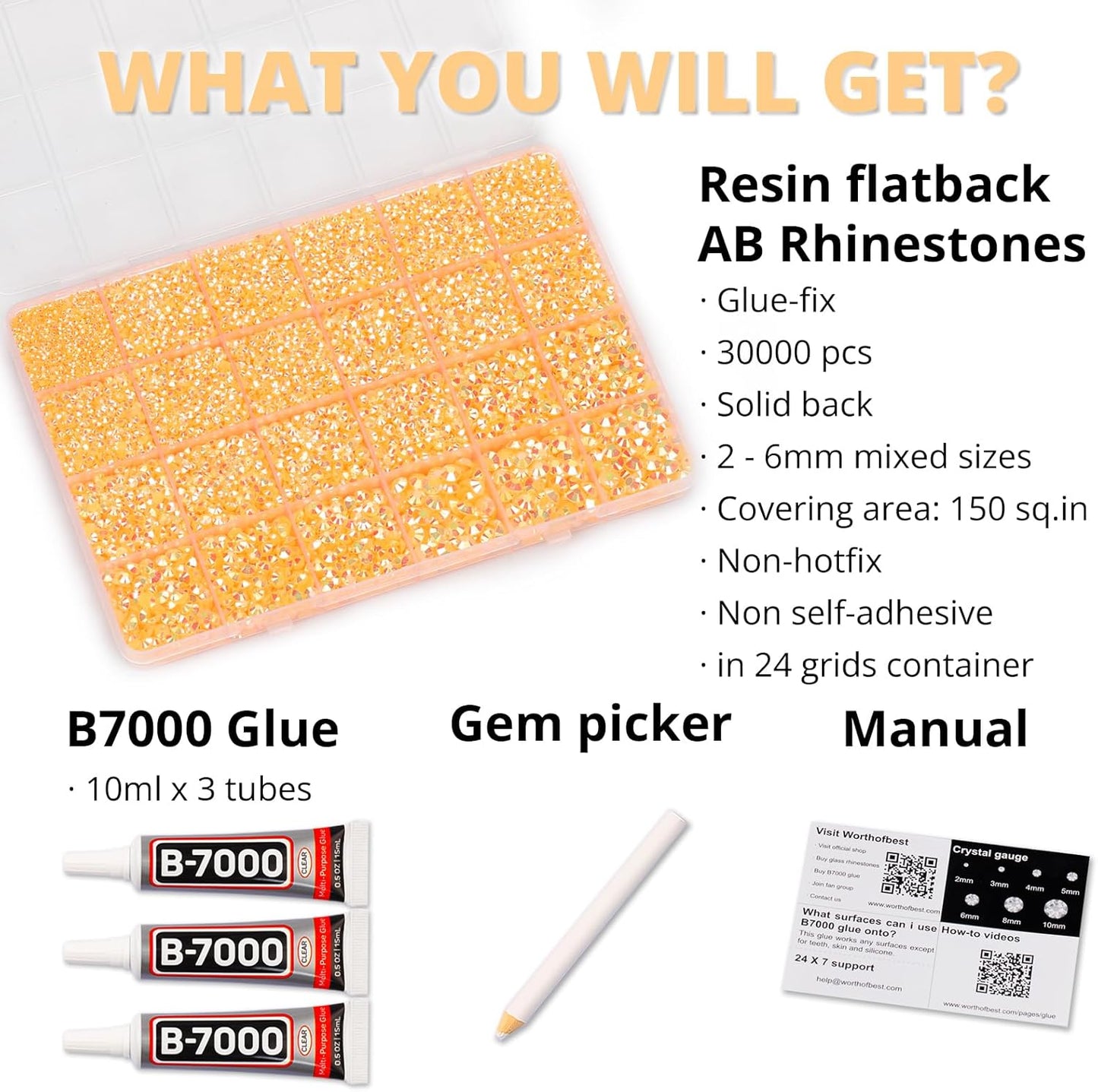 30000Pcs Resin Jelly Rhinestones Set for Crafting Bedazzling, Orange Yellow AB Flatback Gems Jewels for Crafts Clothes Shoes Fabric Outfit Nails Makeup, Flat Back Crystal 2-6mm with b 7000 Glue