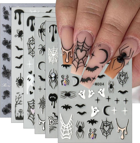 6Pcs Halloween Nail Stickers for Nail Art, Bat Spiders Nail Art Stickers Spider Web Black Rose Skull Ghost Nails Design Decals Halloween Nail Supplies for Women DIY Manicure Decoration Accessories