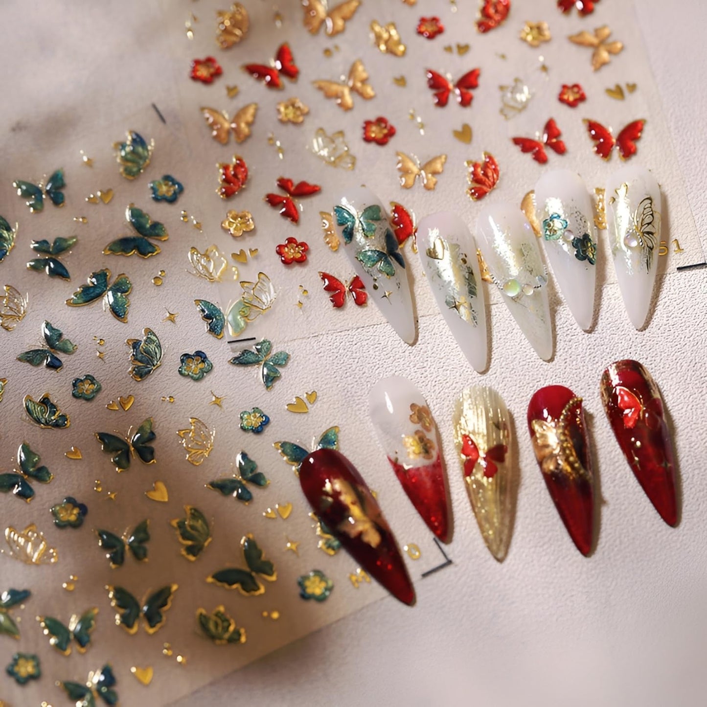 Butterfly Nail Stickers for Nail Art 5D Embossed Flower Nail Art Stickers Green Red Gold Butterfly Nail Decals Self-Adhesive Spring Summer Nail Design for Women Girls 2Sheets