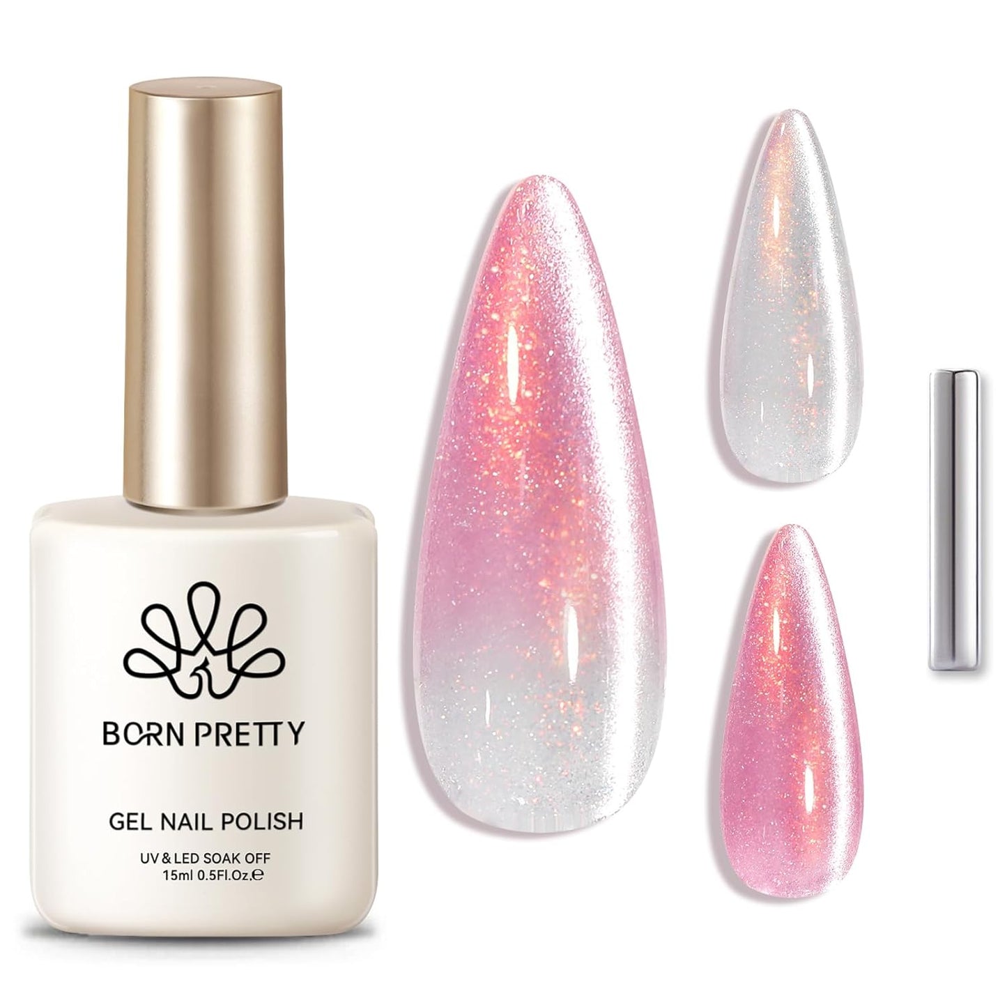 Born Pretty Cat Magnetic Eye Gel Nail Polish,Color Changing Pink Sliver Glitter Cat Magnetic Gel Nail Polish for Nail Art Manicure Salon DIY at Home 15ML