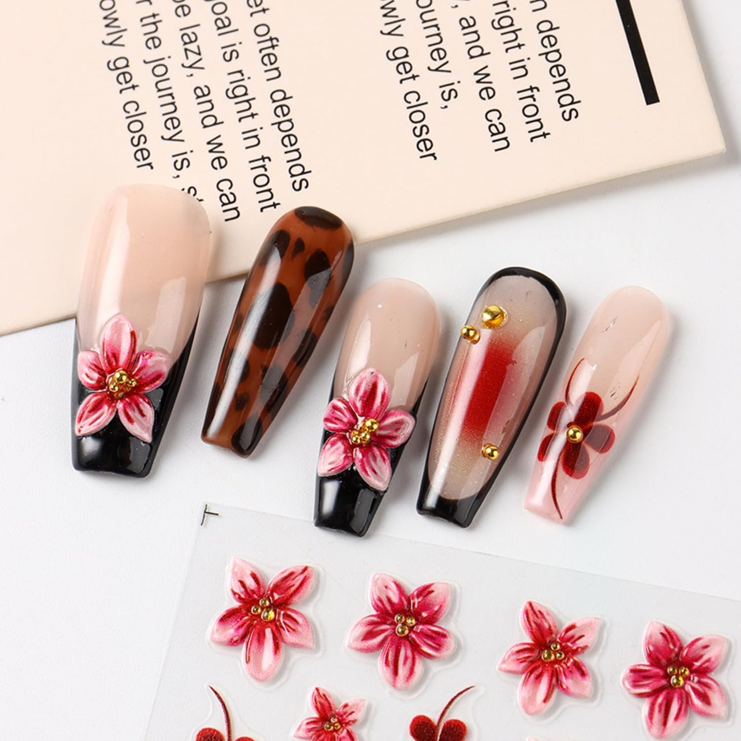 Leopard Print Nail Art Stickers Decals French Tip Nails Stickers 5D Embossed Flower Nails Decal Self-Adhesive Nail Art Decal for Women Manicure Decor