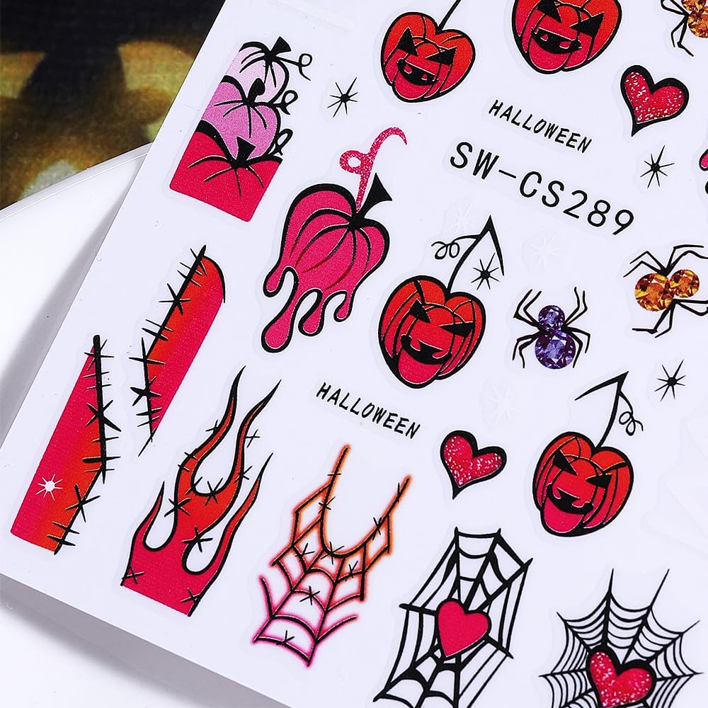 Spooky Halloween Nail Stickers Fall Nail Decals Spider Web Bat Eyes Ghosts Design Holiday Nail Art Supplies Nail Adhesive Sticker Halloween Nail Art Charms Decorations DIY Manicure Accessories 4PCS