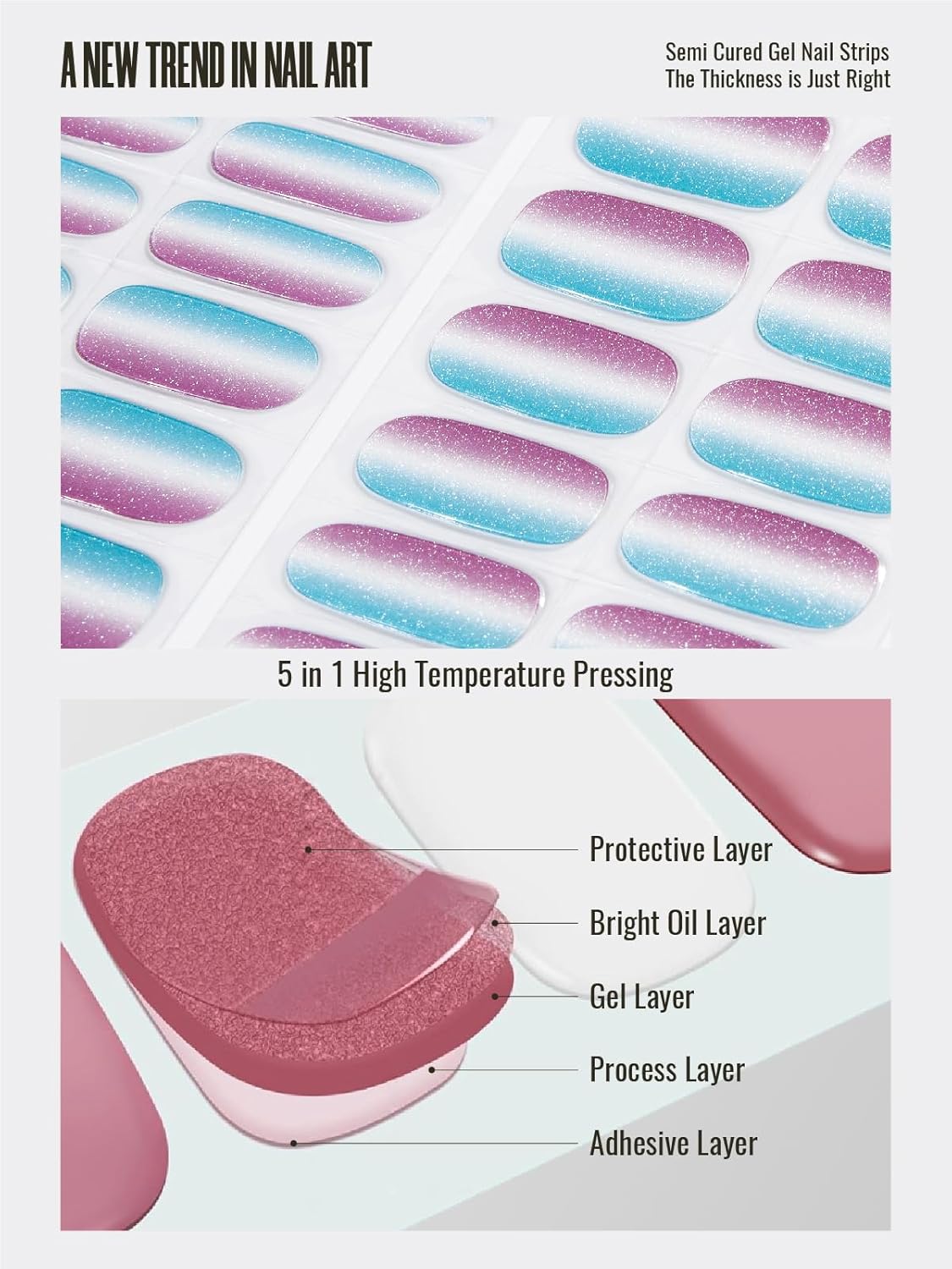 Semi Cured Gel Nail Strips, 30 pcs Gel Nail Wraps, Easy to Apply, 2 Weeks Long Lasting (Wonderland)