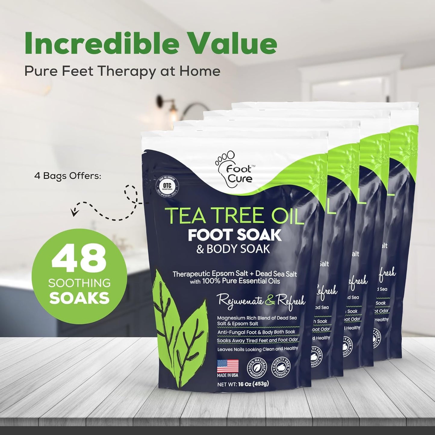 Tea Tree Oil Foot Soak with Epsom Salts- for Foot Pain, Soreness, Athletes Foot, Odors, Toe Nail Fungus, Fungal, Calluses Made in USA - 4 Pack