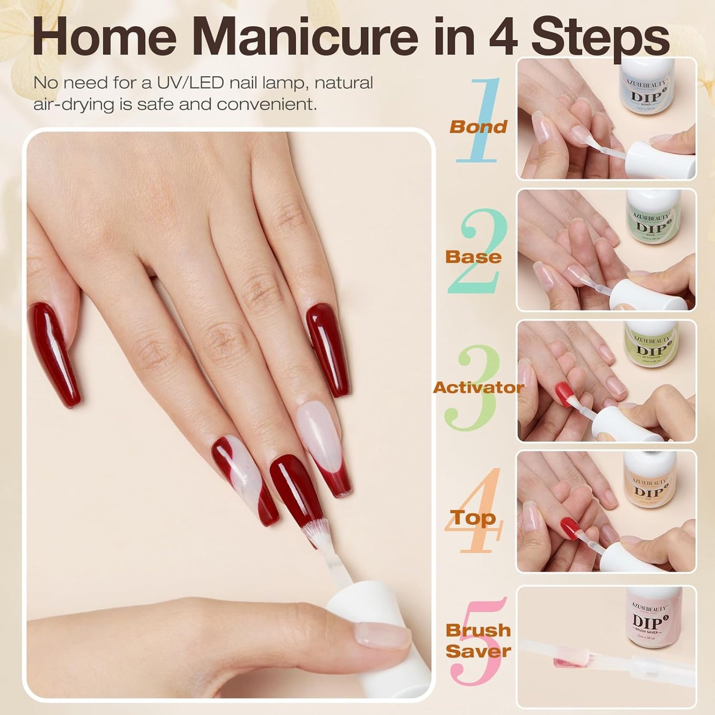 AZUREBEAUTY 5 Pcs Dip Powder Liquid Set - 15ml/0.5oz Large Capacity Dip Base Coat, Top Coat, Bond, Activator, Brush Saver for Dip Nail Kit Salon Home No Nail Lamp Needed