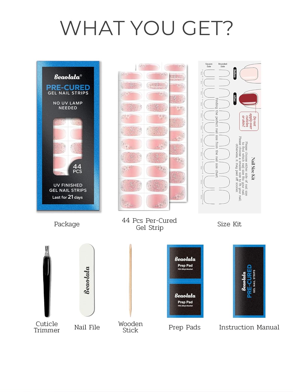 Pre Cured Gel Nail Strips - 44PCS Salon Quality Gel Nail Stickers - Long Lasting Polish Wraps for Women no UV Light Needed Easy Apply& Remove (Sparkle Pink）