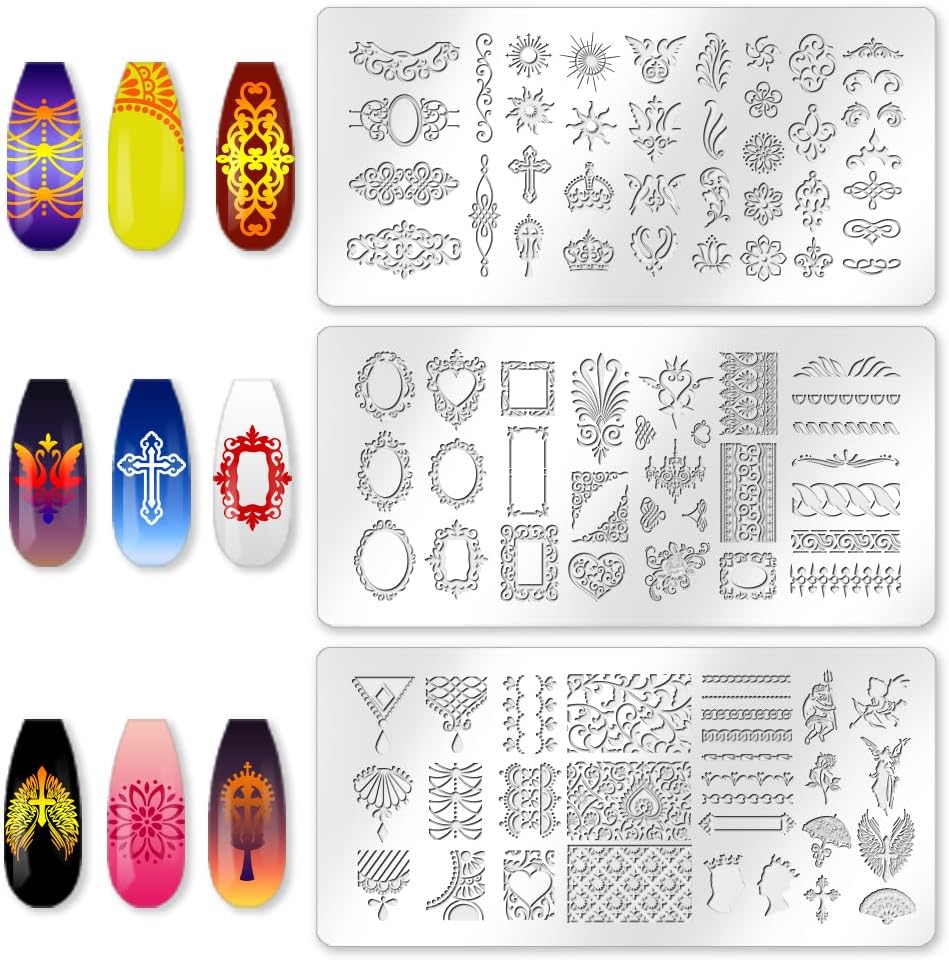 3Pcs Vintage Baroque Nail Stamping Plate Set Angel Devil Nail Stamp Templates French Line Tip Nail Stamp Plates Floral Border Metal Reusable Tools with Stamper Scraper for Manicure Printing