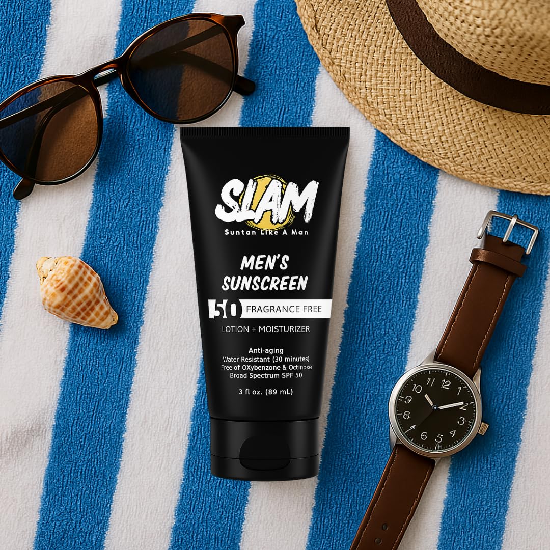 SLAM Men's Sunscreen Lotion SPF 50 & Moisturizer – Face & Body Sunblock, Anti-Aging, Water-Resistant, Hawaii Act 104 Safe, Skincare for Men, Unscented – 3 fl oz.each. Double pack.