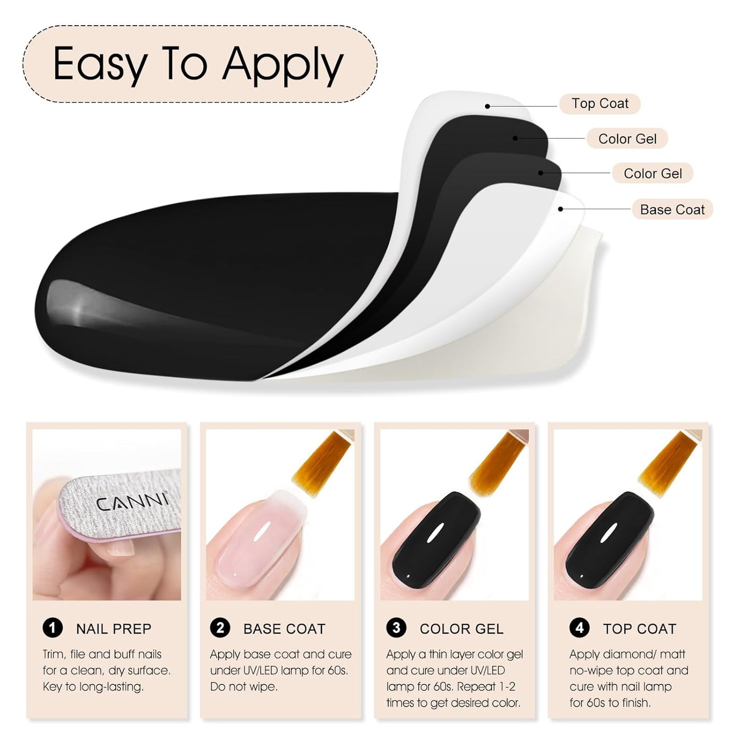 CANNI Black Gel Nail Polish, 1Pcs Pure Black Color High Gloss Soak Off UV Gel Polish Nail French Manicure Salon DIY