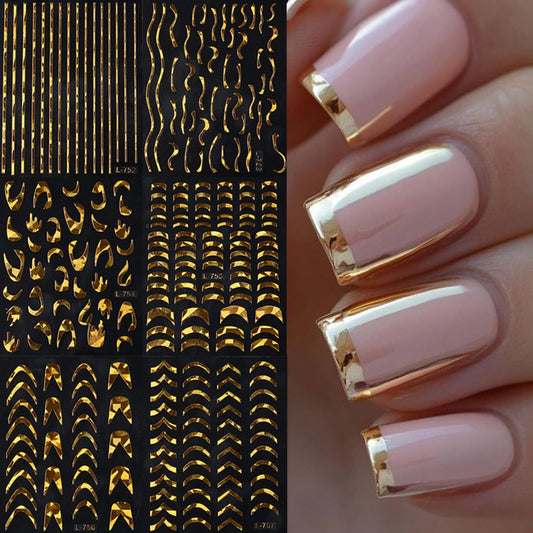 6 Sheets Gold Nail Art Stickers Decals Wavy Stripe Nails Stickers French Tip Nails Decal Self-Adhesive Irregular Lines Nail Art Decal for Women Manicure Decor