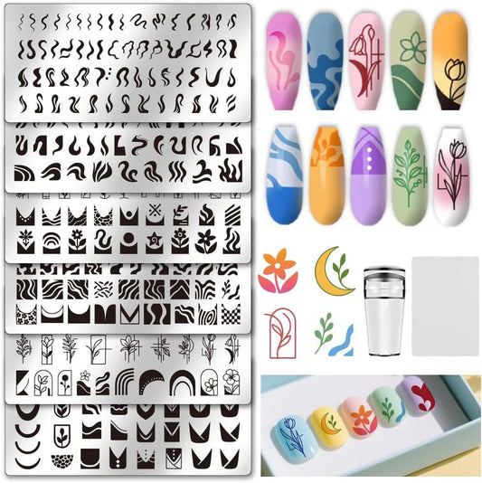 UNICRAFTALE 6Pcs French Line Nail Plates Stamping Set Wave Stripe Stamp Nail Templates Reusable Stencils Stainless Steel DIY Nail Art Plates Nail Stamp Templates Kit DIY Printing Tools