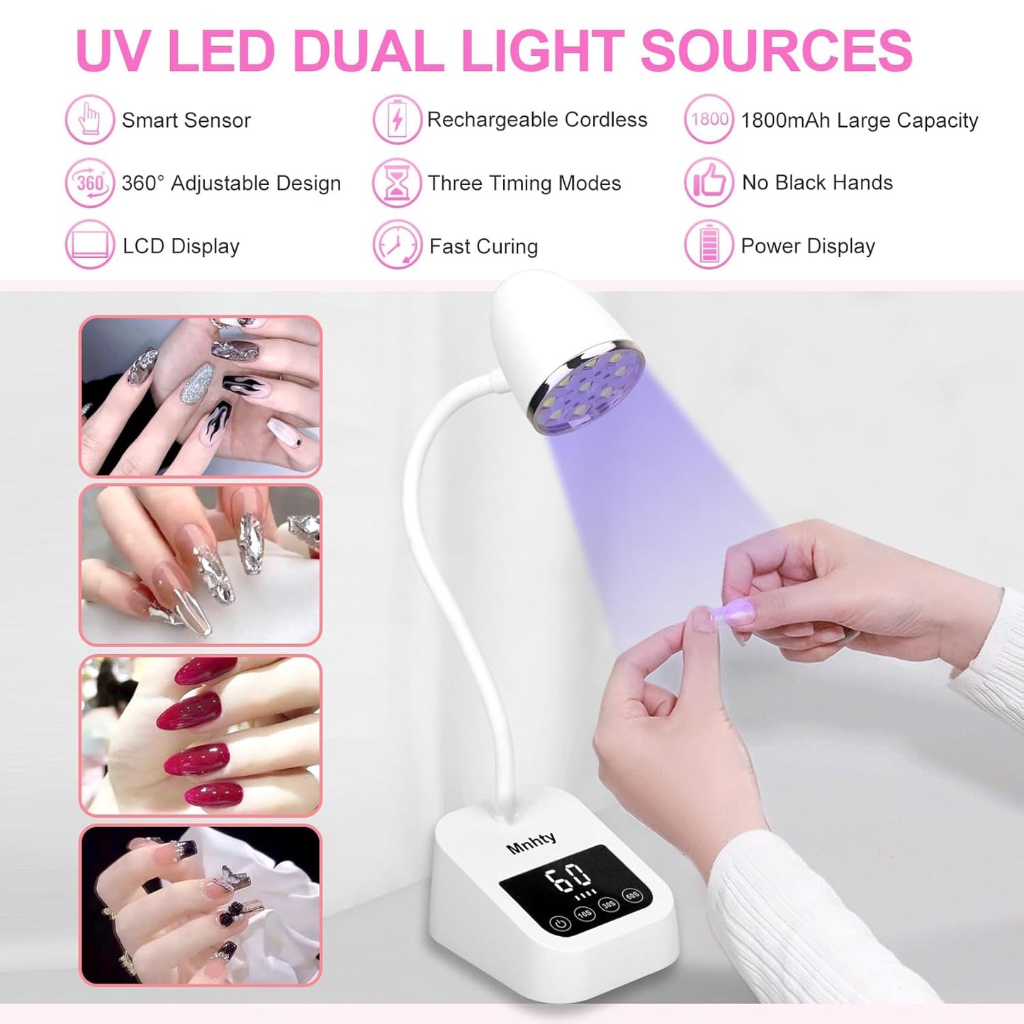 U V LED Nail Lamp, Goose Neck Flash Cure Lamp 27W Rechargeable Mini U V Light for Gel Nails, Cordless Flash Cure Light with 3 Timers&Sensor, Fast Curing Gooseneck Lamps for Gel X, Snow White