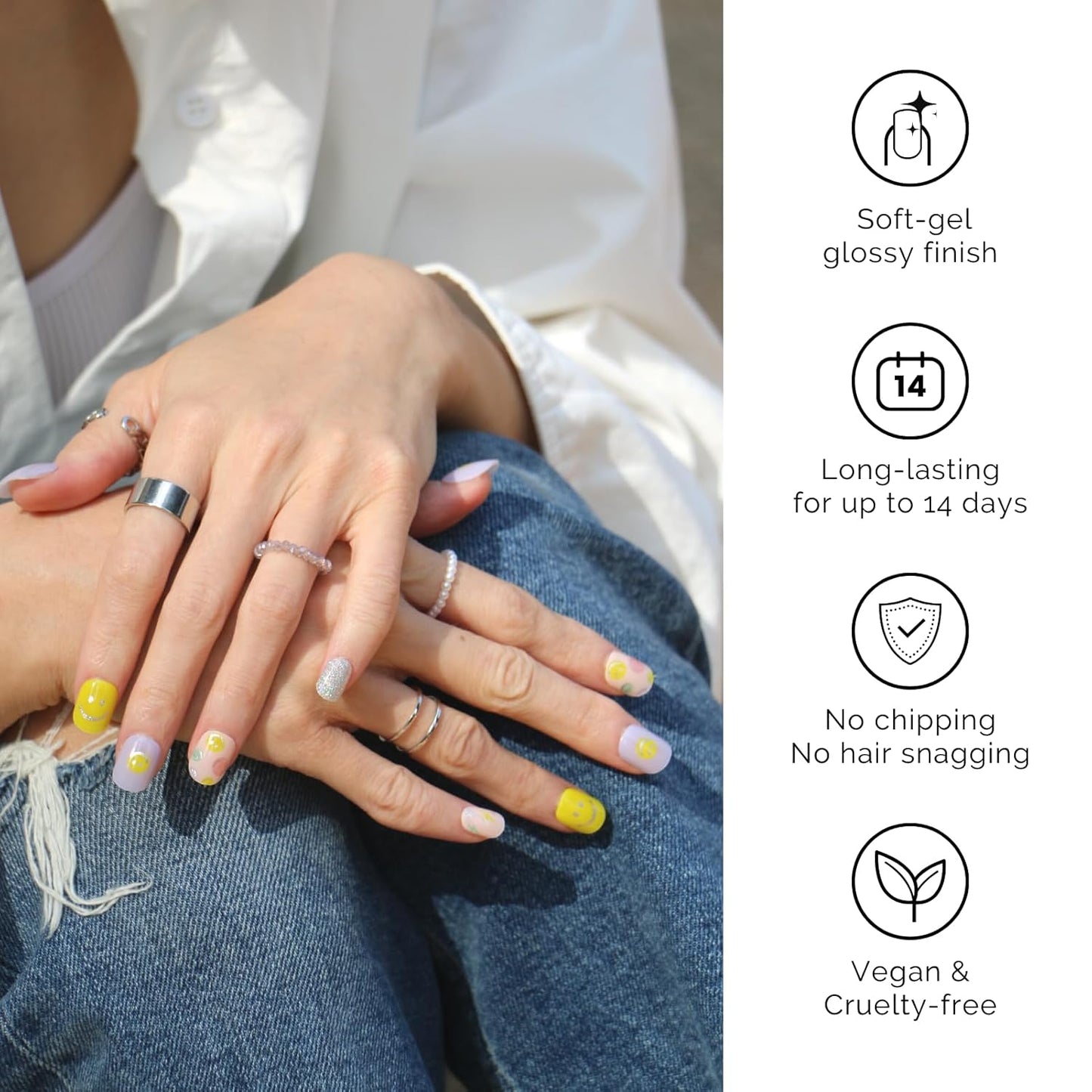 NAILOG Semi Cured Gel Nail Strips 34 pcs| Buy 2 Get 1 UV Lamp | Long Lasting Nail Polish Sticker Wraps with Glossy Gel Finish, Feeling Good