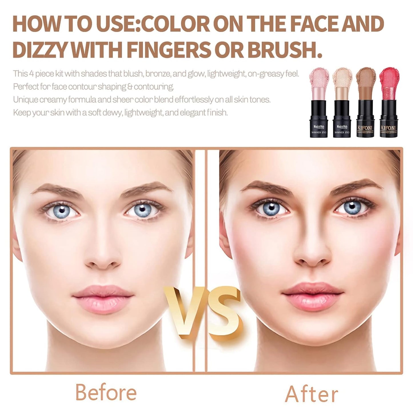 4PCS Contour Stick - Highlighter And Cream Blush Stick 4 Colors Kit - Moisturizer, Face Brightens & Shades Pencil, Facial Shaping Makeup Sticks for Older Women & Mature Skin