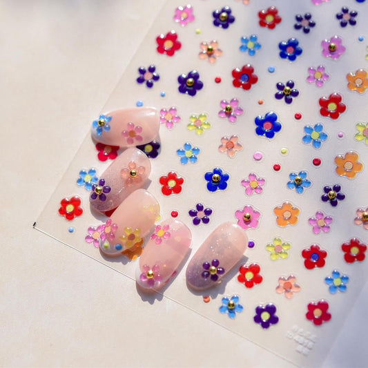 5D Embossed Flower Nail Stickers Colorful Nail Art Stickers Small Gold Ball Nail Decals Self Adhesive Nails Design Manicure Supplies Charm for Women Nail Art Decorations Accessories