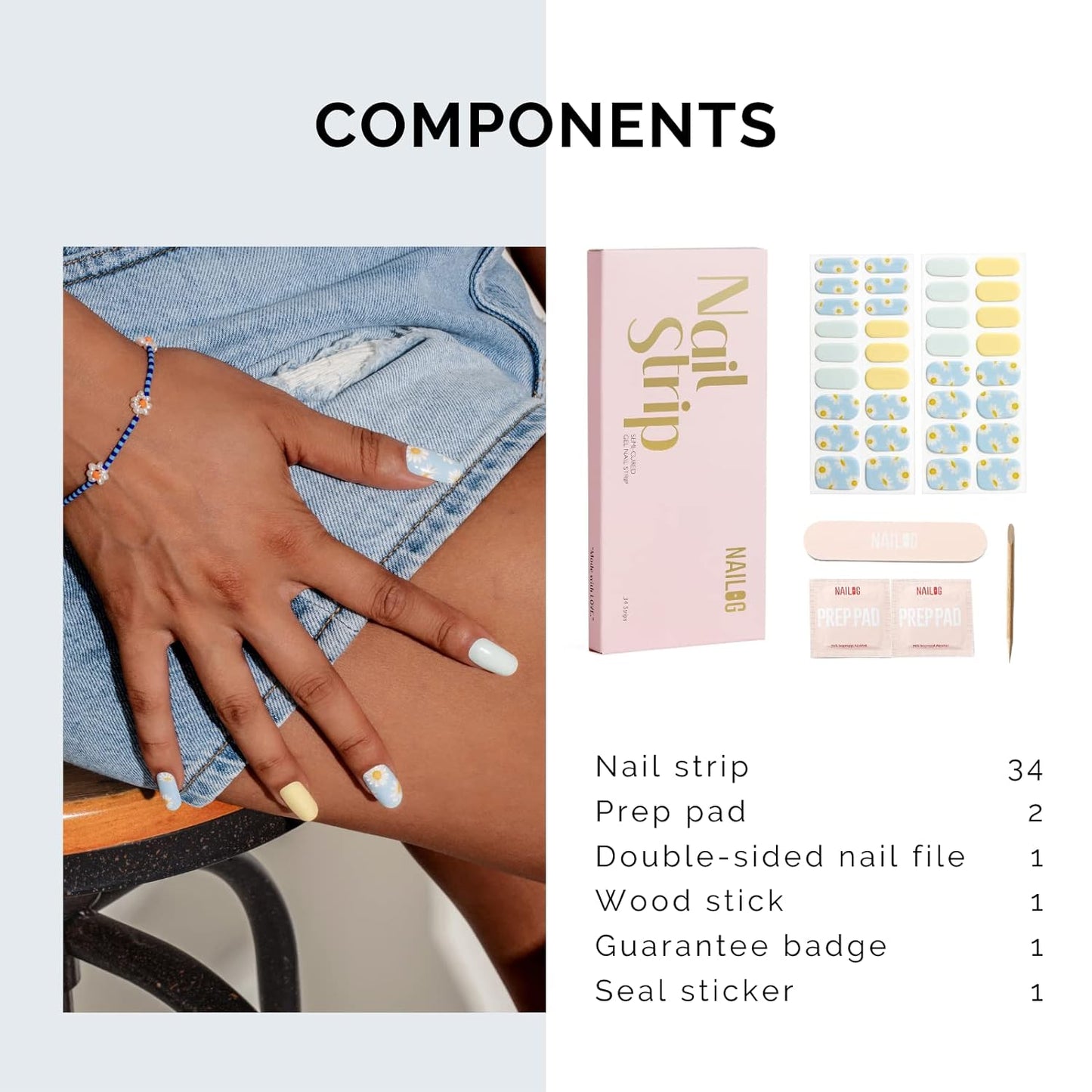 Nailog Semi Cured Gel Nail Strips 34 pcs | Long Lasting Nail Polish Sticker Wraps with Glossy Gel Finish | Daisy