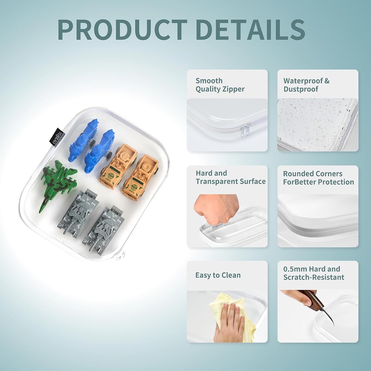 Hard Sided Clear Zipper Case for Storage- Professional-Grade Plastic Clear Zipper Pencil Case,Toy Storage Bins, Toiletry Pouch, Travel Organizer, Cosmetic Bag（White,2 Pack, M）