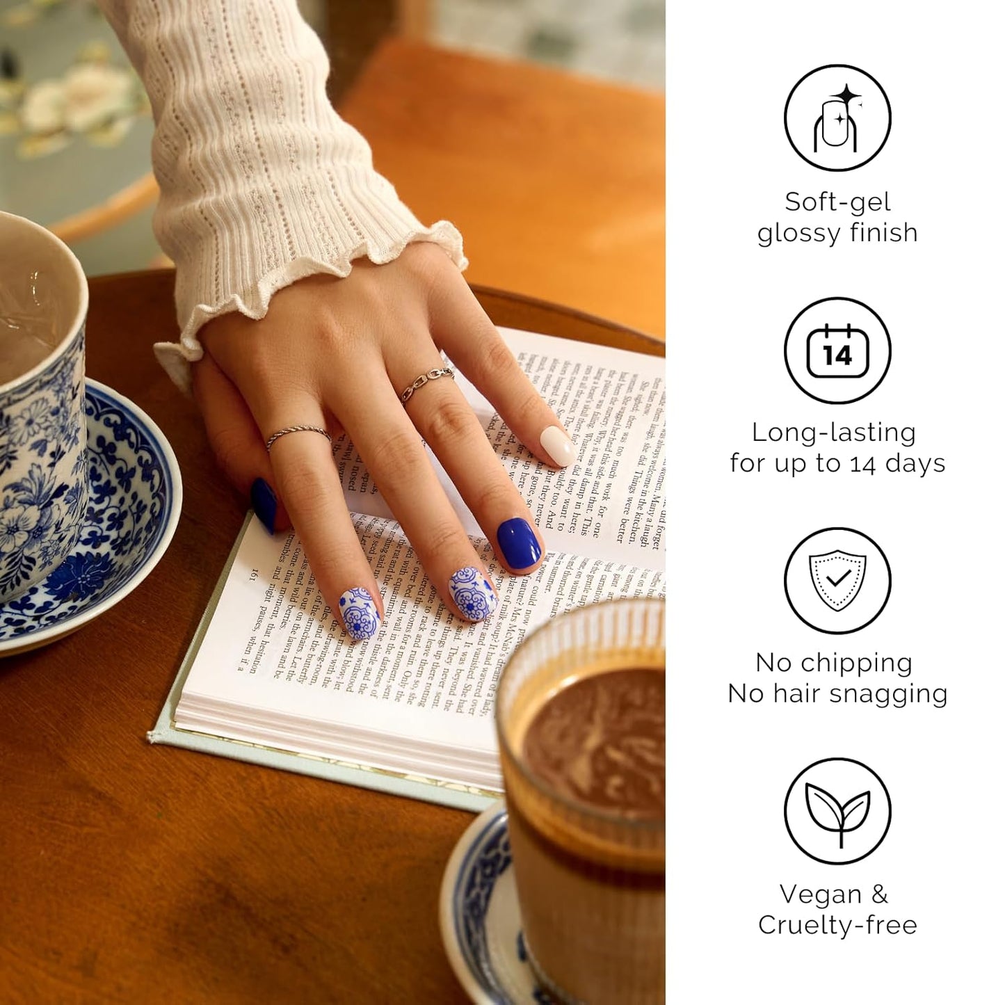 NAILOG Semi Cured Gel Strips - 34 Pcs Nail Stickers Buy 2 Get 1 UV Light | Long Lasting Wraps With Glossy Gel Finish Blue, Cerulean Porcelain