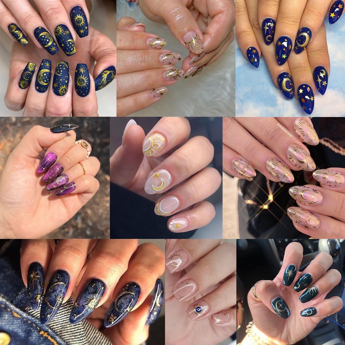 8 Sheets Metallic Sun Star Moon Nail Art Stickers 3D Self-Adhesive Gold Decals Sun God Asterisk Snake Eyes Design for Women Acrylic Nails DIY Decoration Supplies