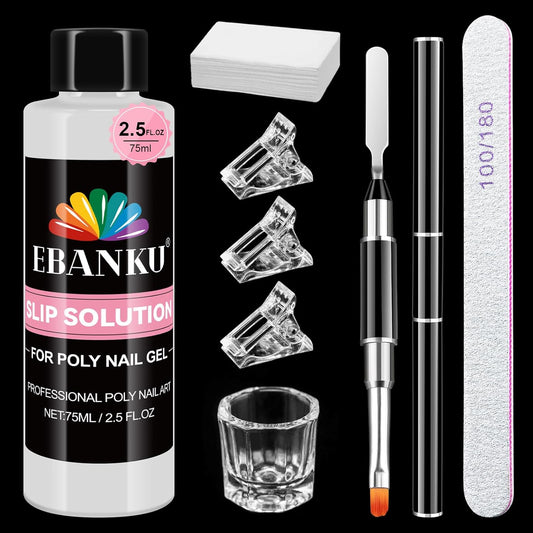 EBANKU Poly Gel Slip Solution for Nails - Anti-Stick Slip Solution for Builder Gel Nails, Brush Clean Liquid with Dual-Ended Nail Brush, 3PCS Nail Clips for Beginners & Home Salon, 2.5oz