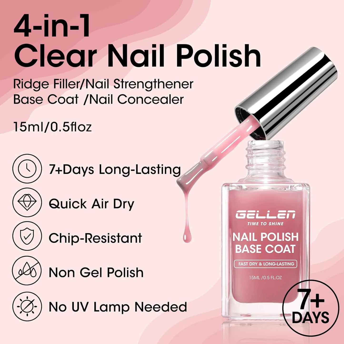 GELLEN 4-In-1 Clear Nail Polish Base Coat Dusty Pink Tint, Sheer Rose Ridge Filler For Nails, Nail Strengthener Concealer, Calcium Formula Smoothes Strengthens Nails, Enhances Natural Look, HEMA Free