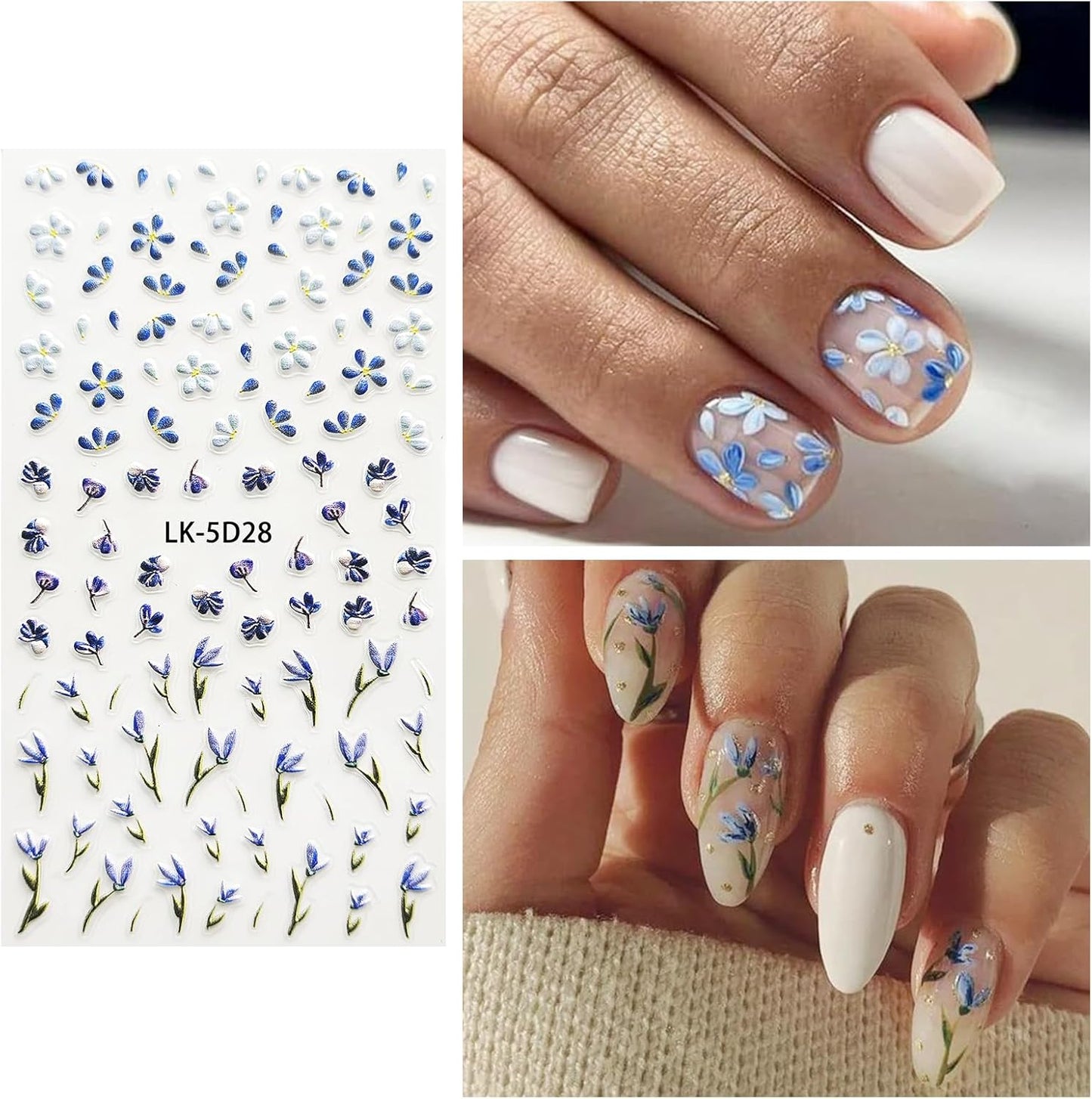 Nail Art Stickers Decals 5D Embossed Flower Nail Decals Self Adhesive Spring Summer Nails Supplies 3D Design for Women Nails Decoration Fresh Blue Purple Flower Stickers