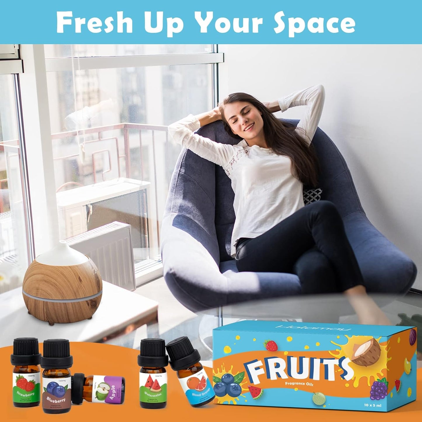 Fruity Fragrance Oil for Candle & Soap Making, Holamay Premium Fruit Essential Oils, 10 x 5ml - Coconut, Strawberry, Mango, Pineapple and More Diffuser Oil Scents, Summer Aromatherapy Oils Set