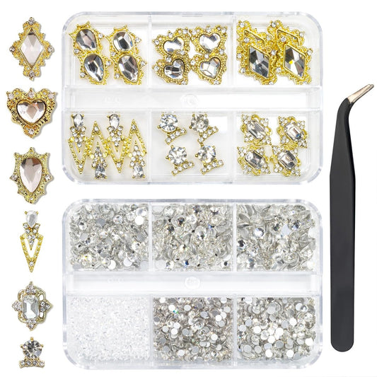 24pcs Crystal Silver Clear Luxury Nail Charms +2000pcs Crystal White Stones 3D Big Nail Gems K9 Glass Crystals Diamonds Jewels Alloy Nail Art Studs Supplies for Nails Face Makeup Crafts Clothes